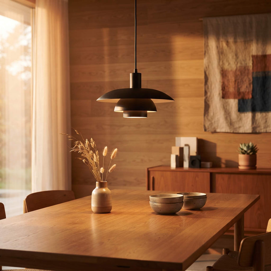 A modern black pendant light with a wide, tiered shade hangs over a wooden dining table in a warm, sunlit room with wood-paneled walls and neutral decor.