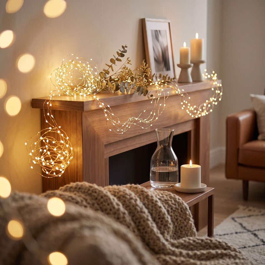 Warm white LED string lights draped around a wooden fireplace mantel in a cozy living room setting, with candles, a framed print, and a knitted blanket visible.