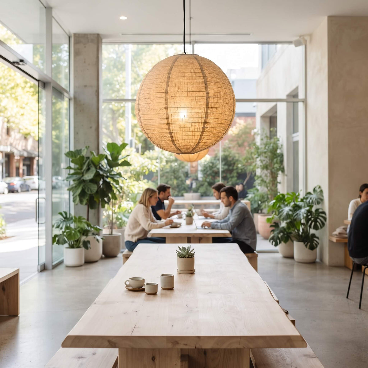 A bright, modern cafe interior with large wooden tables, potted plants, and a prominent spherical woven pendant light hanging over the seating area. Several people are seated and dining in the space.