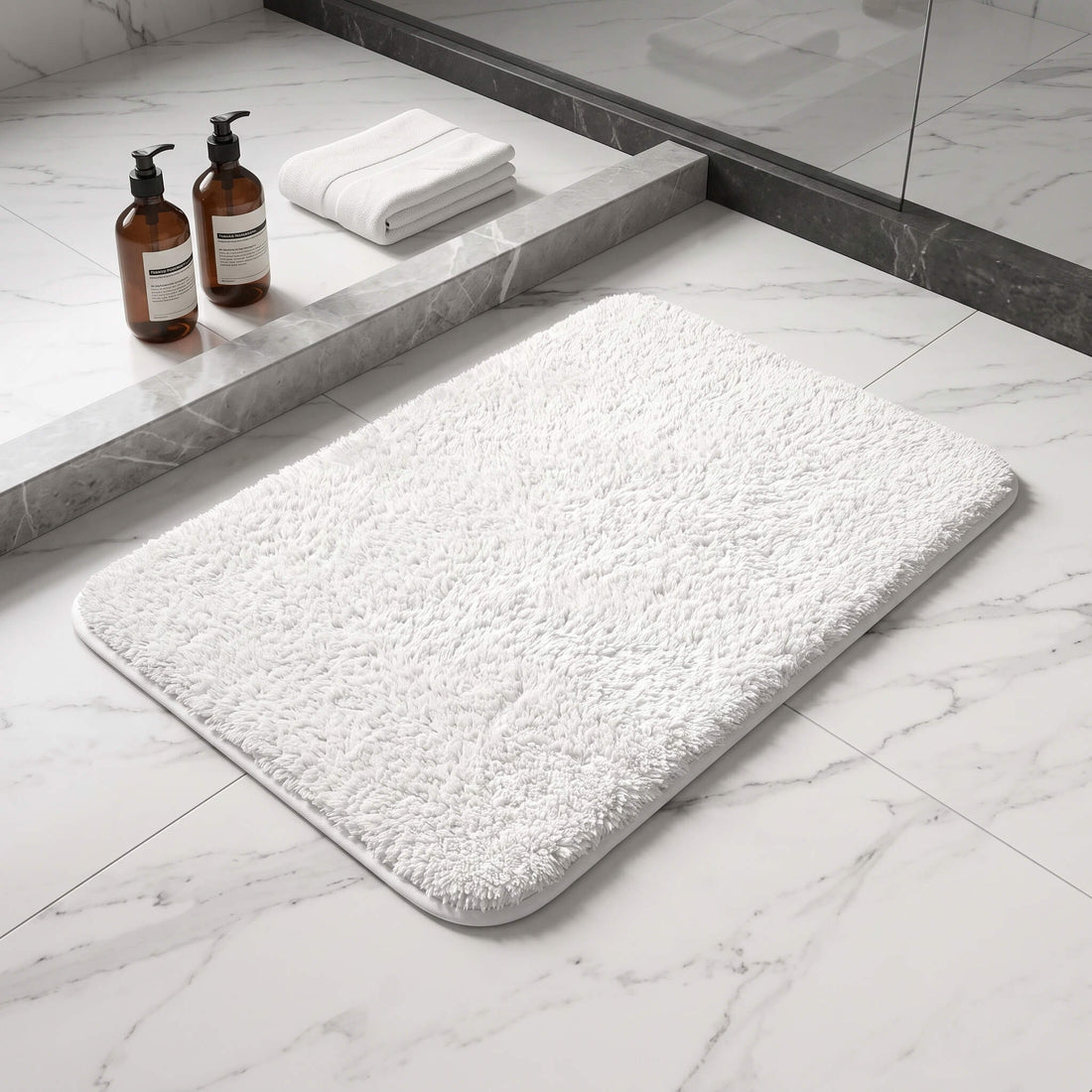 White plush bath rug showing its rectangular shape