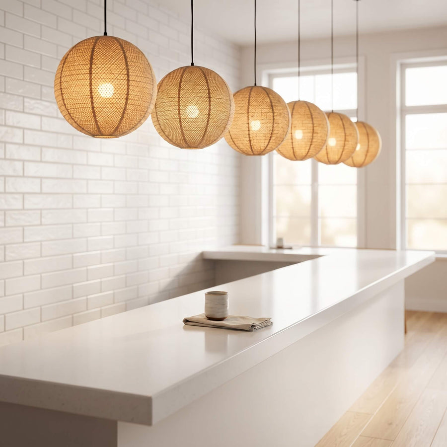A row of five woven spherical pendant lights in a modern kitchen setting with a white brick wall, white countertop, and light wood flooring.