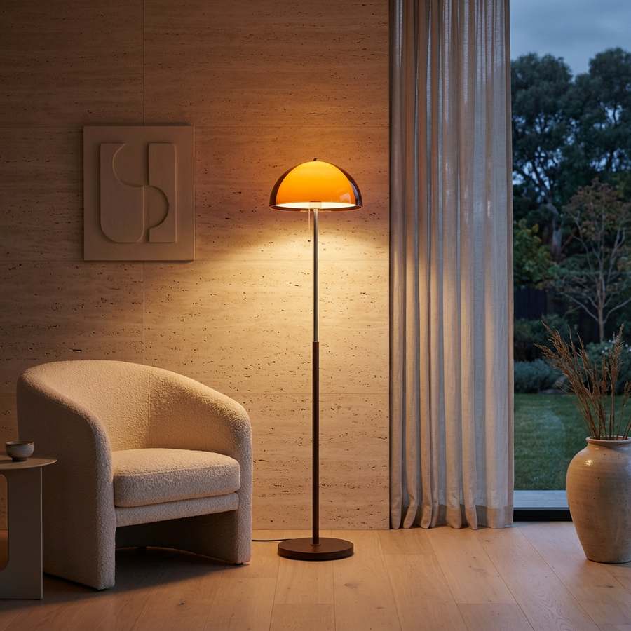 The Bauhaus Mushroom Floor Lamp glowing in the corner of a modern living room at dusk