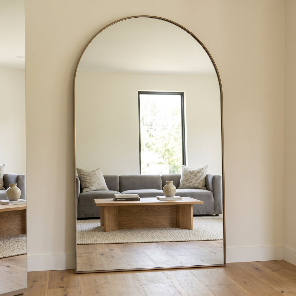 Living room with a large arch-shaped mirror reflecting a gray sofa and coffee table.
