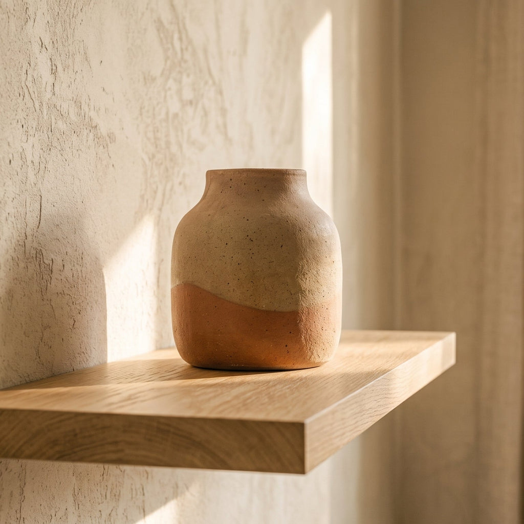 Ceramic vase on a wooden shelf with natural light