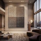 A large rectangular abstract wall art piece with a grid-like textured pattern in beige, gray, and brown tones, displayed in a modern living room setting with a curved sofa, coffee table, and tall windows.