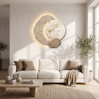 Abstract LED wall clock showing the overlapping acrylic and glass discs