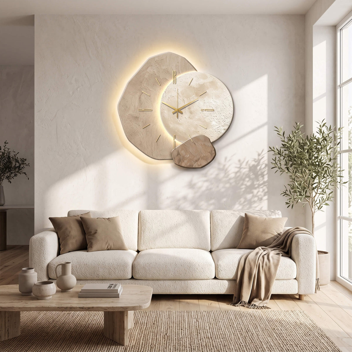 Abstract LED wall clock showing the overlapping acrylic and glass discs