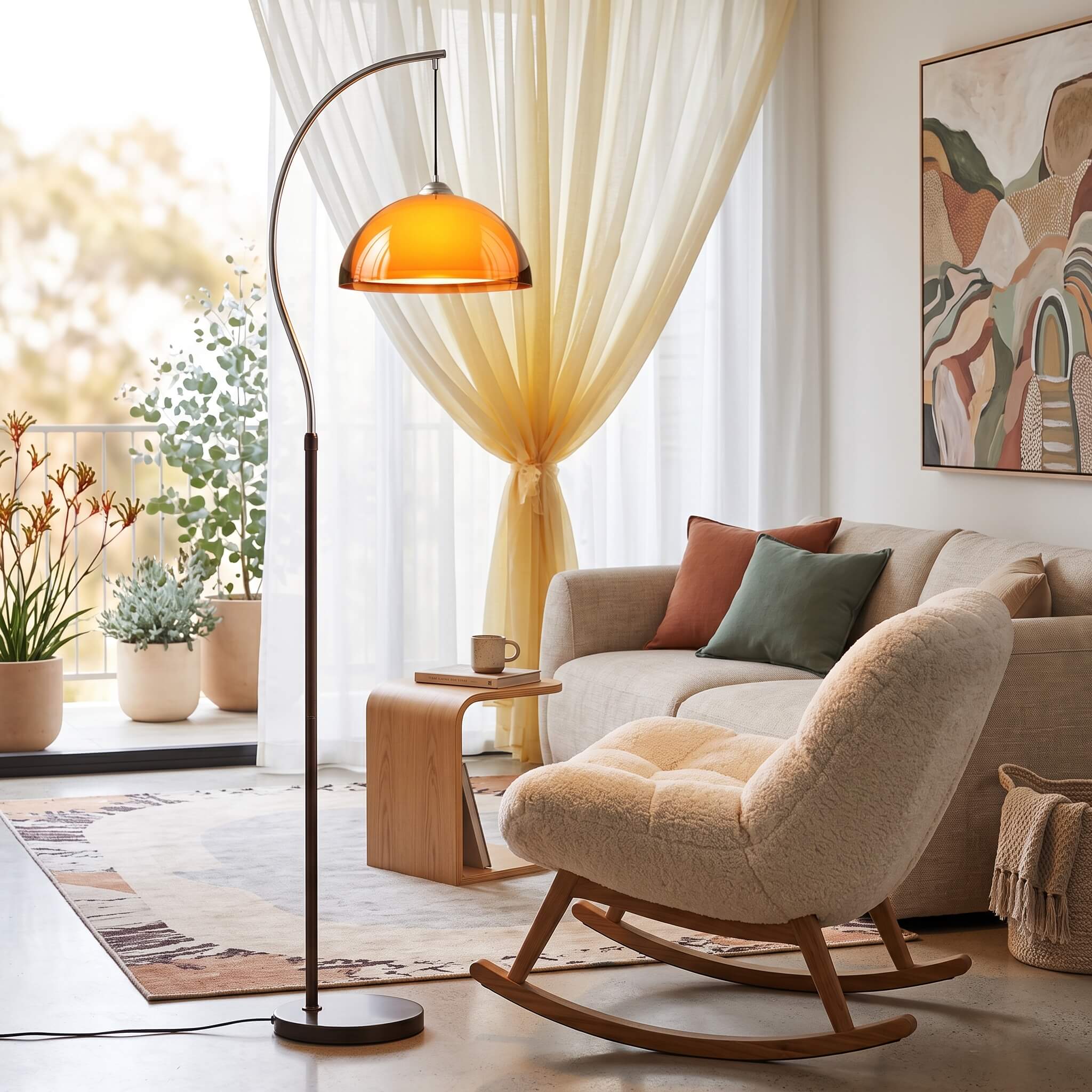 Close view of the sand dome shade on the French Mushroom Arc Floor Lamp