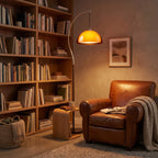 The walnut toned arc and base of the French Mushroom Arc Floor Lamp