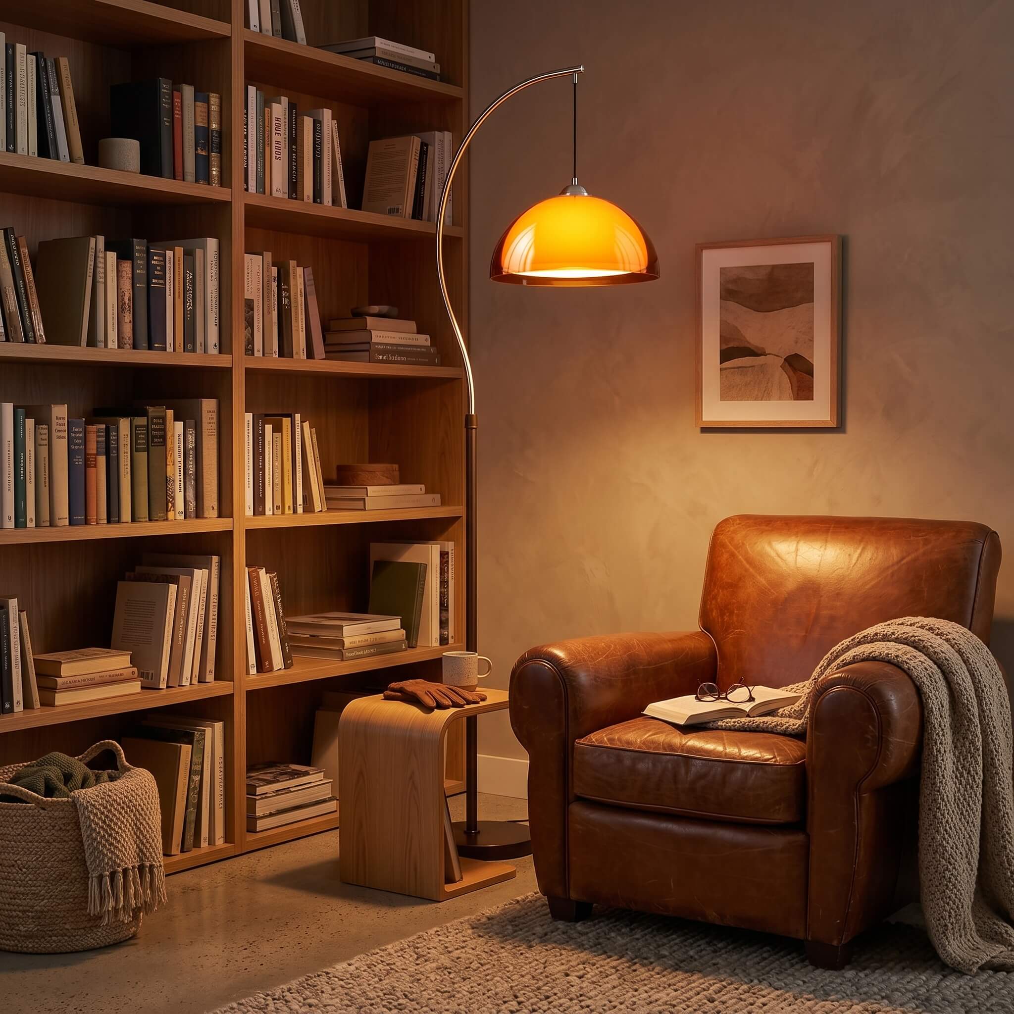 The walnut toned arc and base of the French Mushroom Arc Floor Lamp