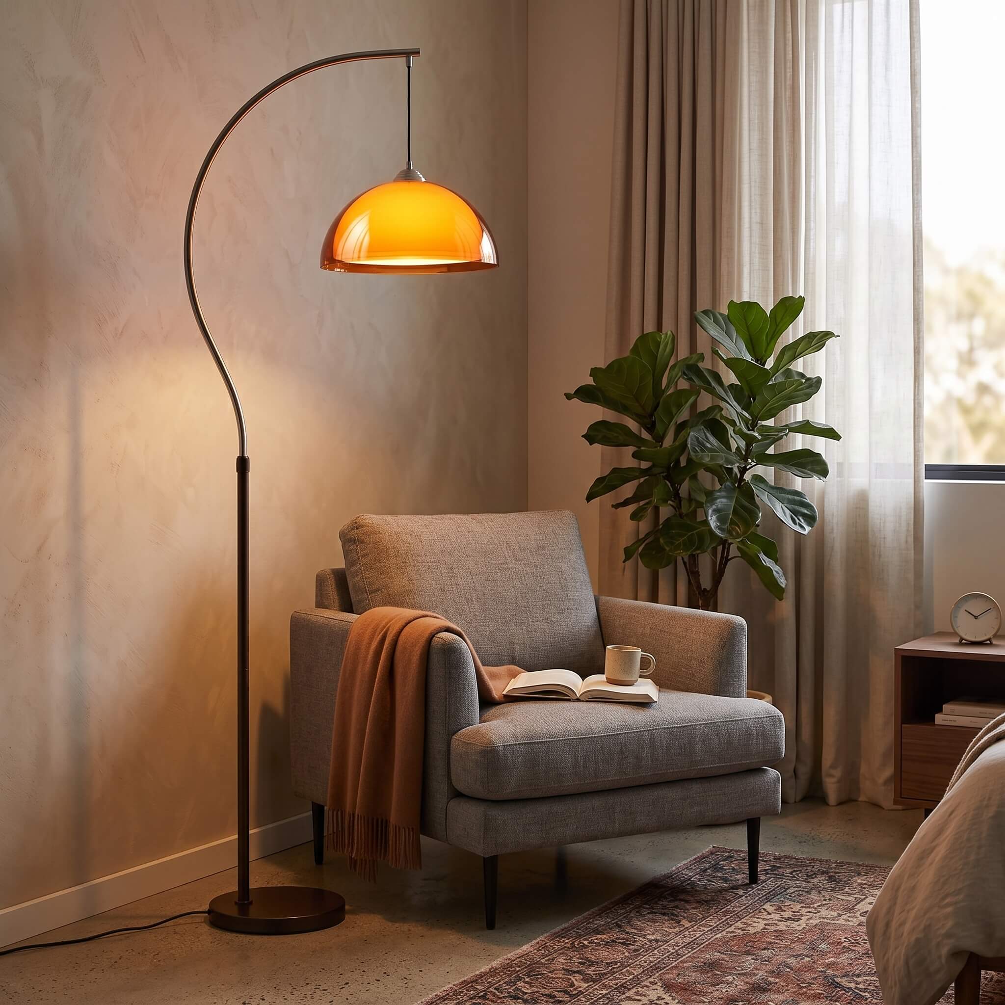 French Mushroom Arc Floor Lamp showing its tricolour dimming light settings