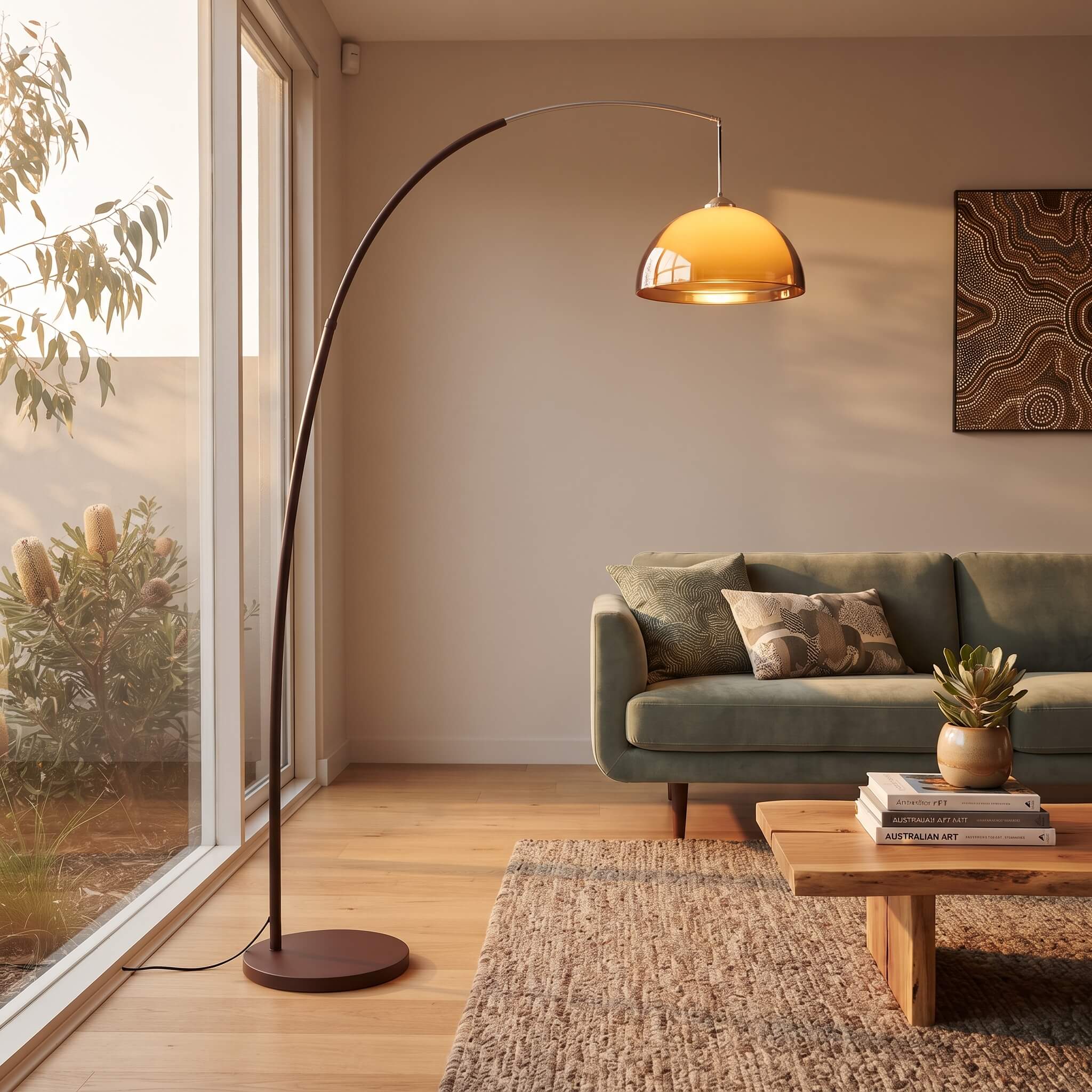 An arched floor lamp with a dark curved metal stand and a warm amber dome shade stands in a modern living room beside large windows, casting light over a green sofa and wooden coffee table.