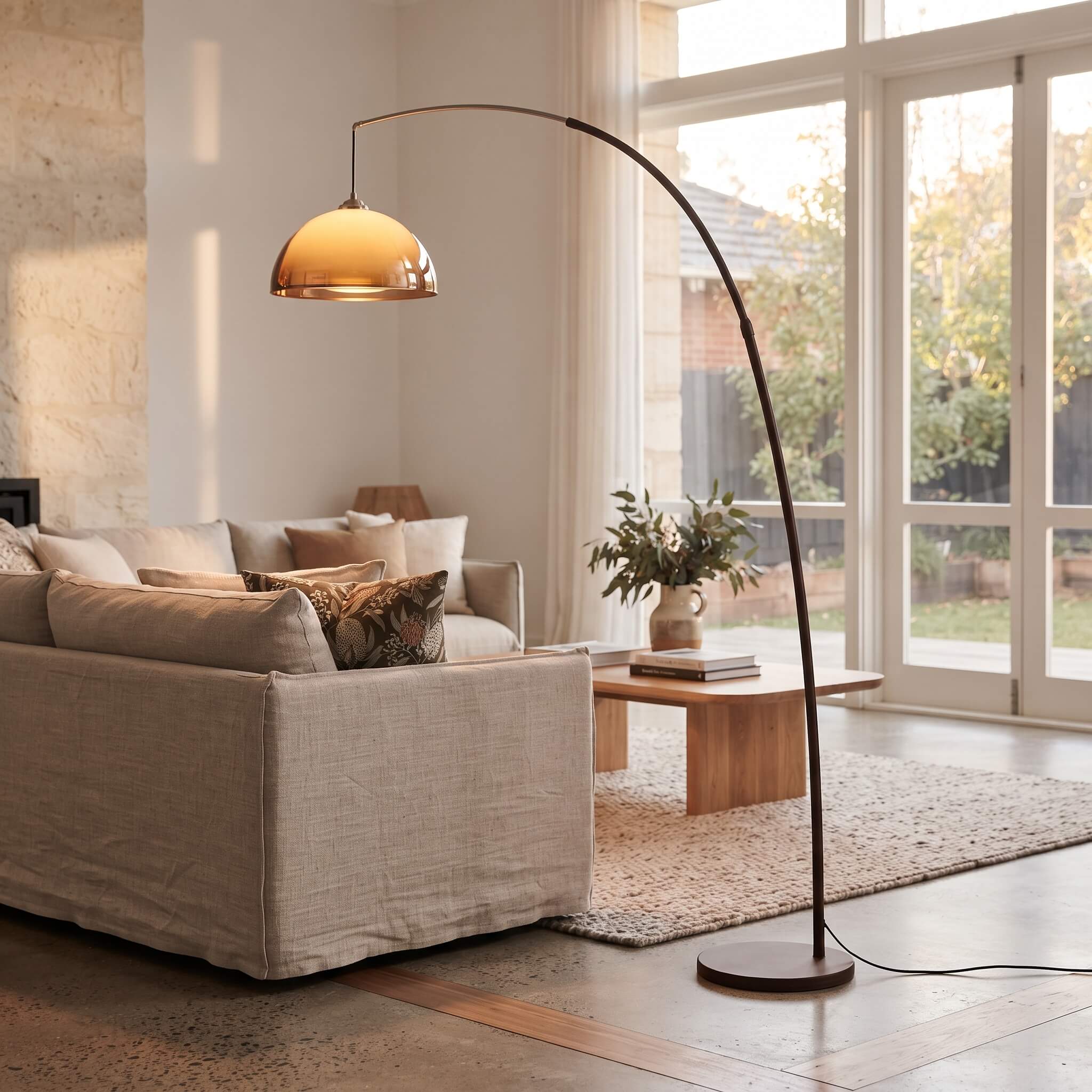A modern floor lamp with a tall black arched stand and a warm amber dome shade stands in a bright, contemporary living room next to a beige sofa and wooden coffee table.