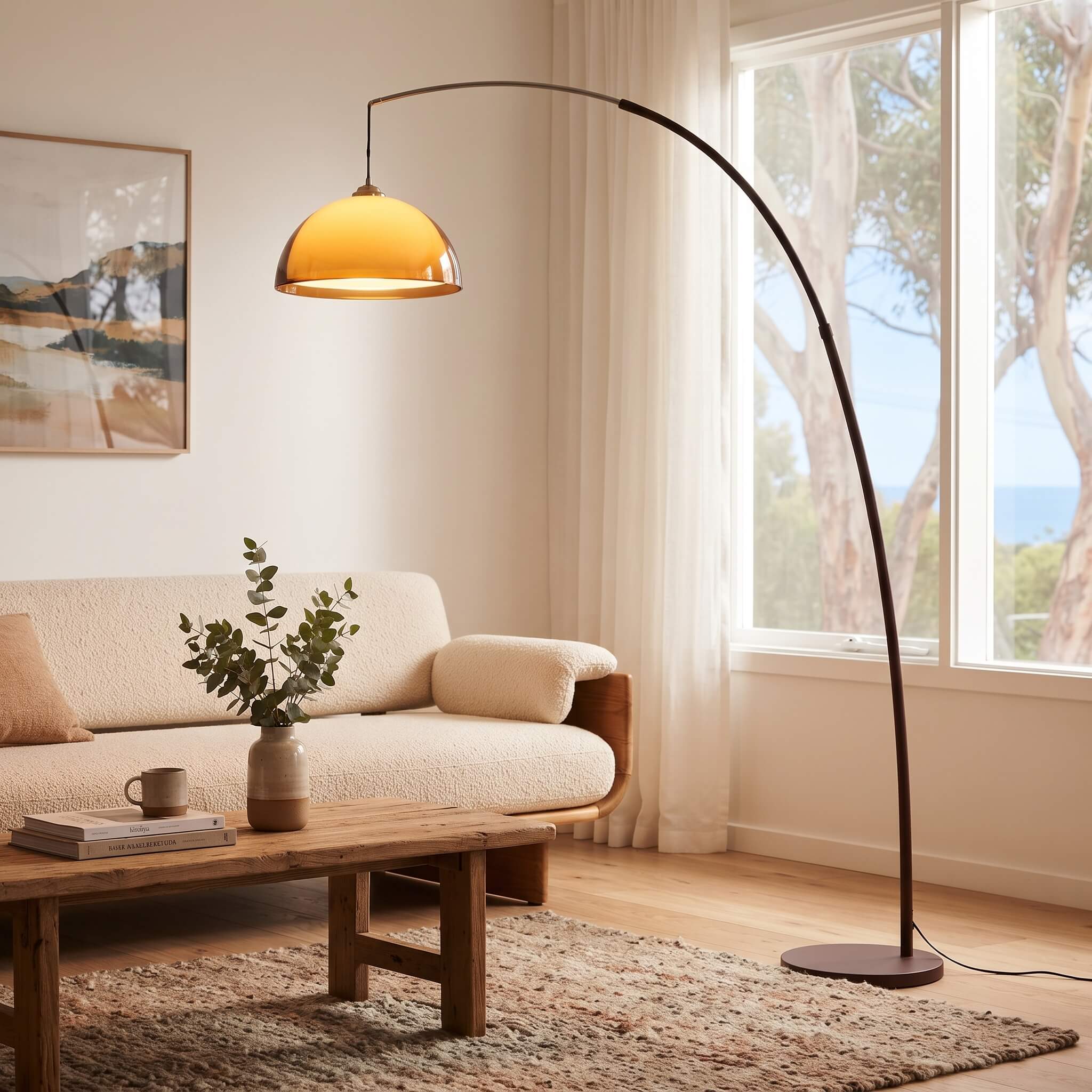 A modern arched floor lamp with a warm amber dome shade and a dark curved metal stand, placed in a bright living room beside a beige sofa and wooden coffee table.