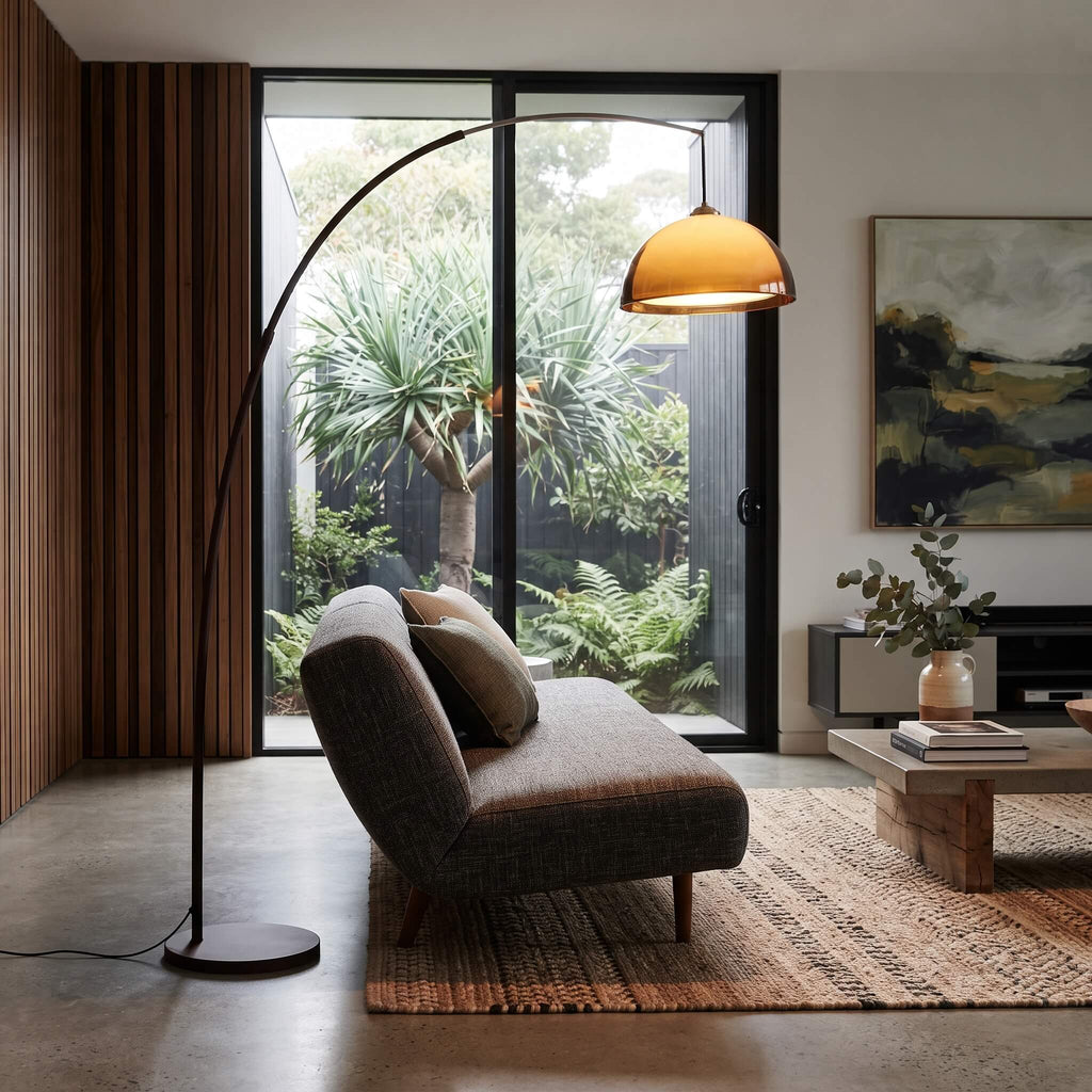 A modern living room scene featuring a tall black arched floor lamp with a warm glowing dome shade next to a gray upholstered chaise lounge. Large black-framed sliding glass doors reveal a lush green outdoor garden, and the room is styled with a wooden coffee table, a woven rug, and a wooden slat wall panel.