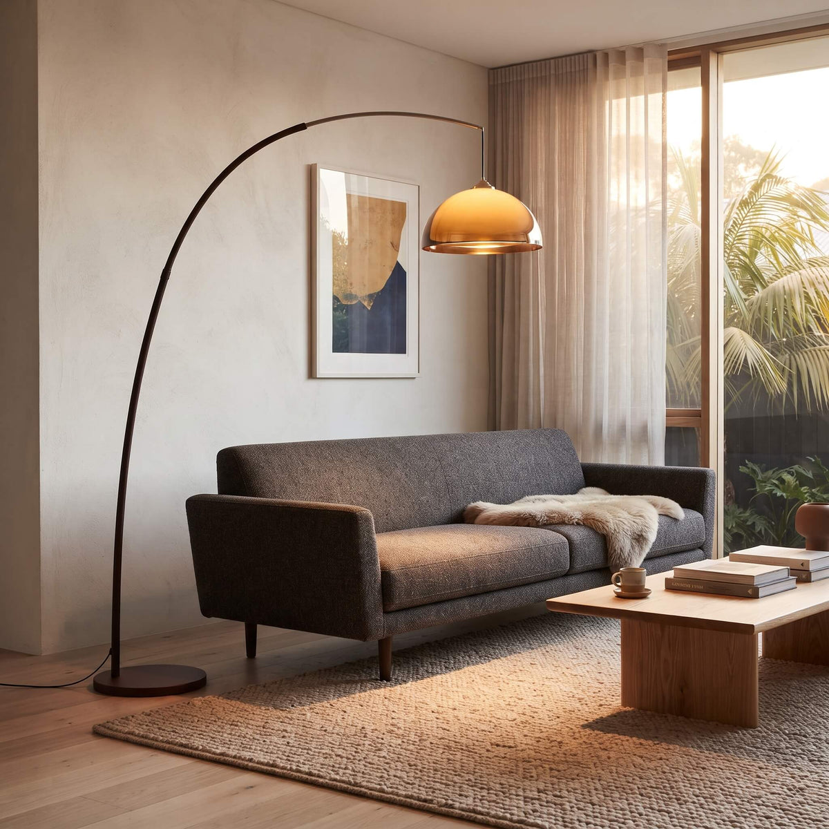 Mid Century Arc Floor Lamp arcing over a desk beside a balcony