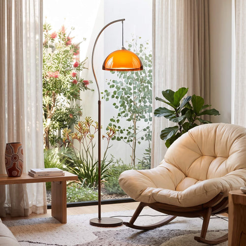 French Mushroom Arc Floor Lamp with a walnut toned arc and sand dome shade