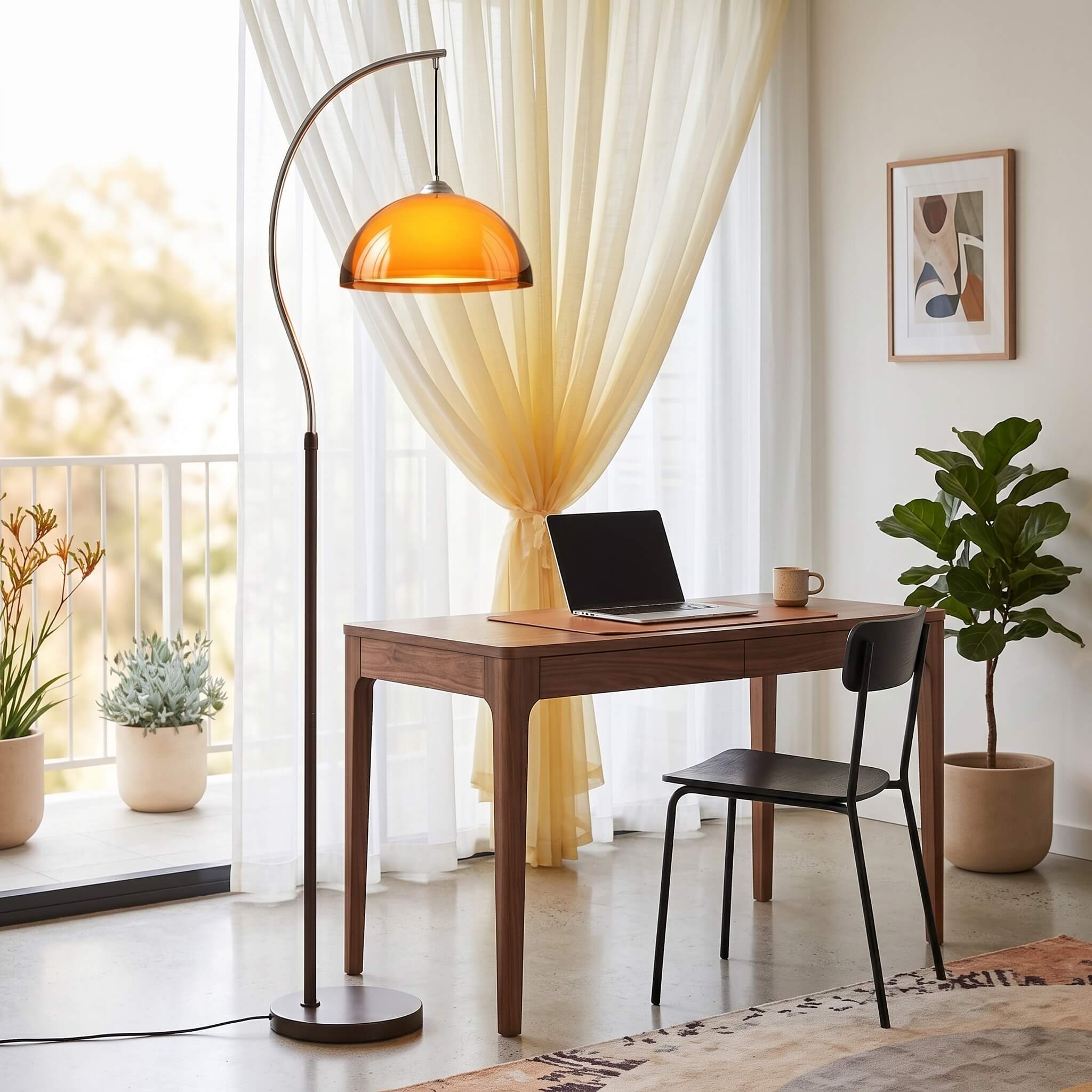French Mushroom Arc Floor Lamp arcing over a sofa in a living room