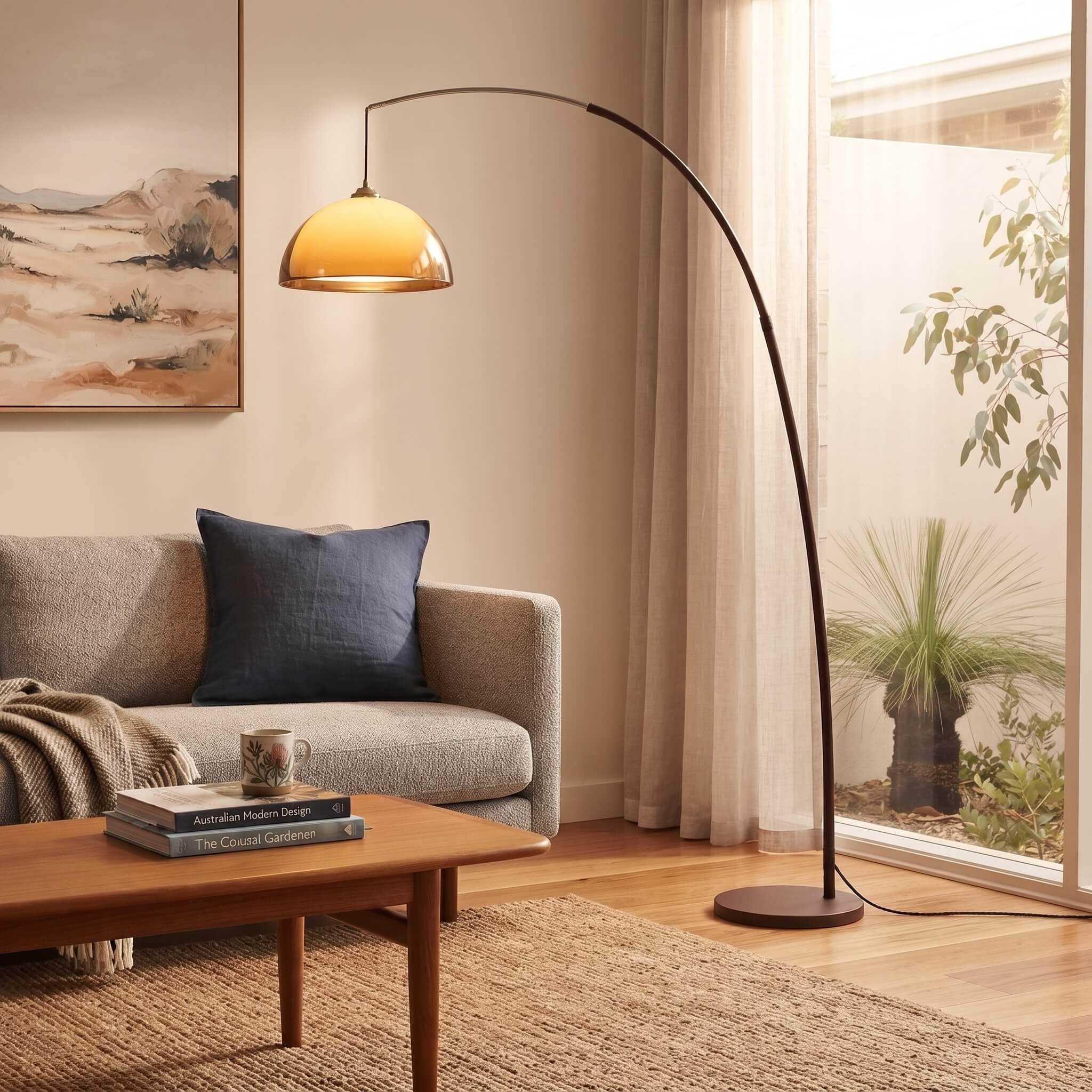 Mid Century Arc Floor Lamp with its amber dome glowing in a styled interior