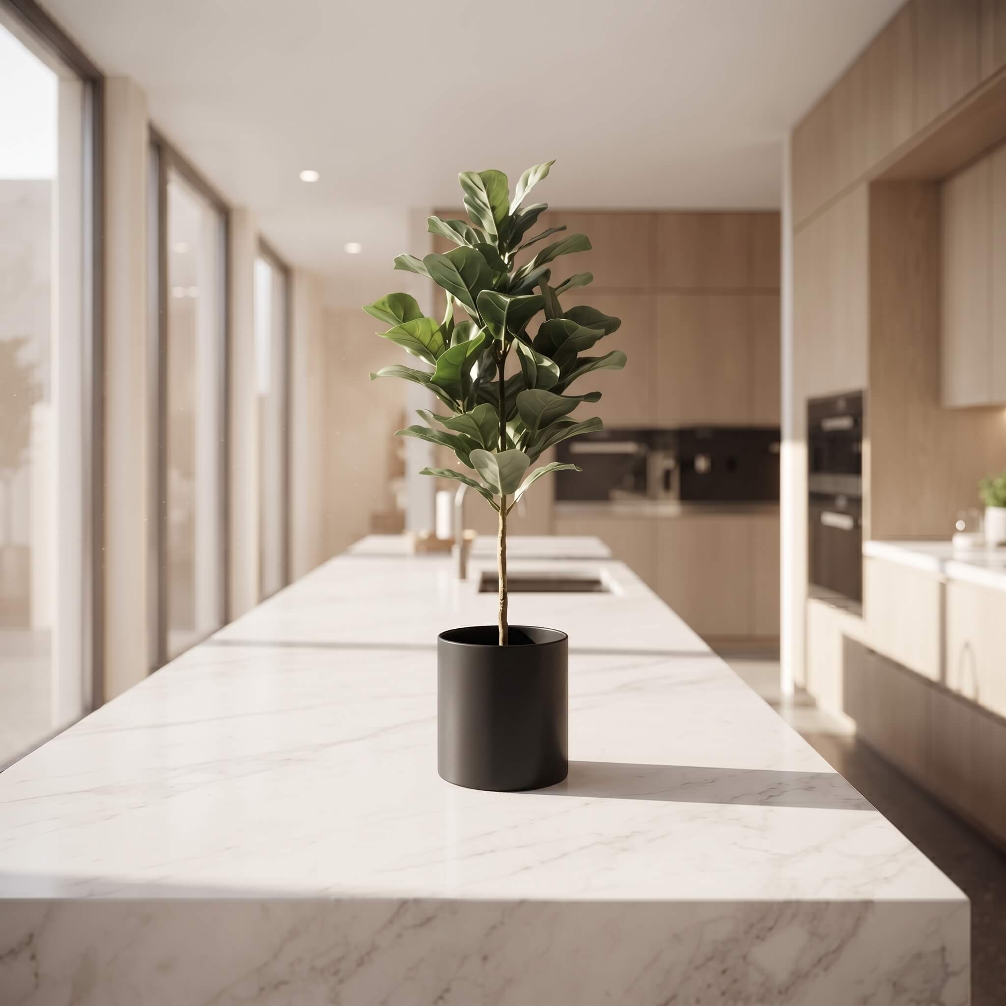 A potted fiddle-leaf fig plant in a matte black cylindrical pot, placed on a white marble kitchen island in a modern, sunlit kitchen.