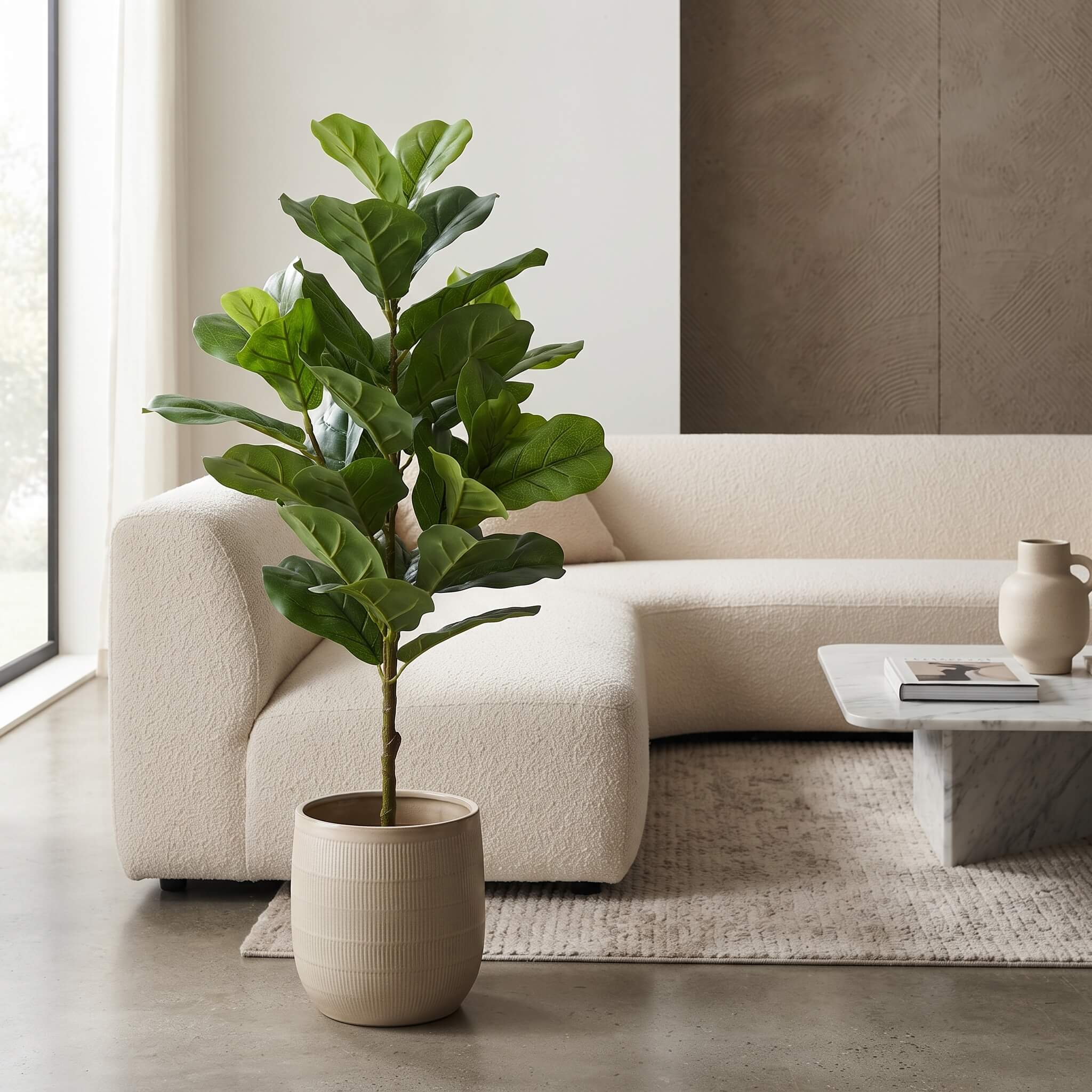A tall fiddle-leaf fig plant in a ribbed beige pot, placed in a modern living room next to a cream boucle sofa and marble coffee table.