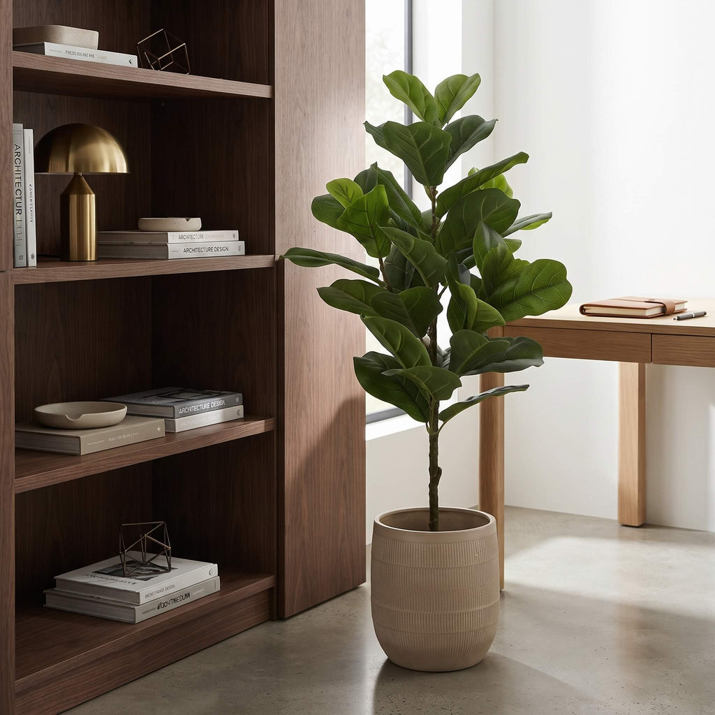 A tall fiddle-leaf fig plant in a ribbed beige ceramic pot, placed in a bright modern room next to a dark wood bookshelf and desk.