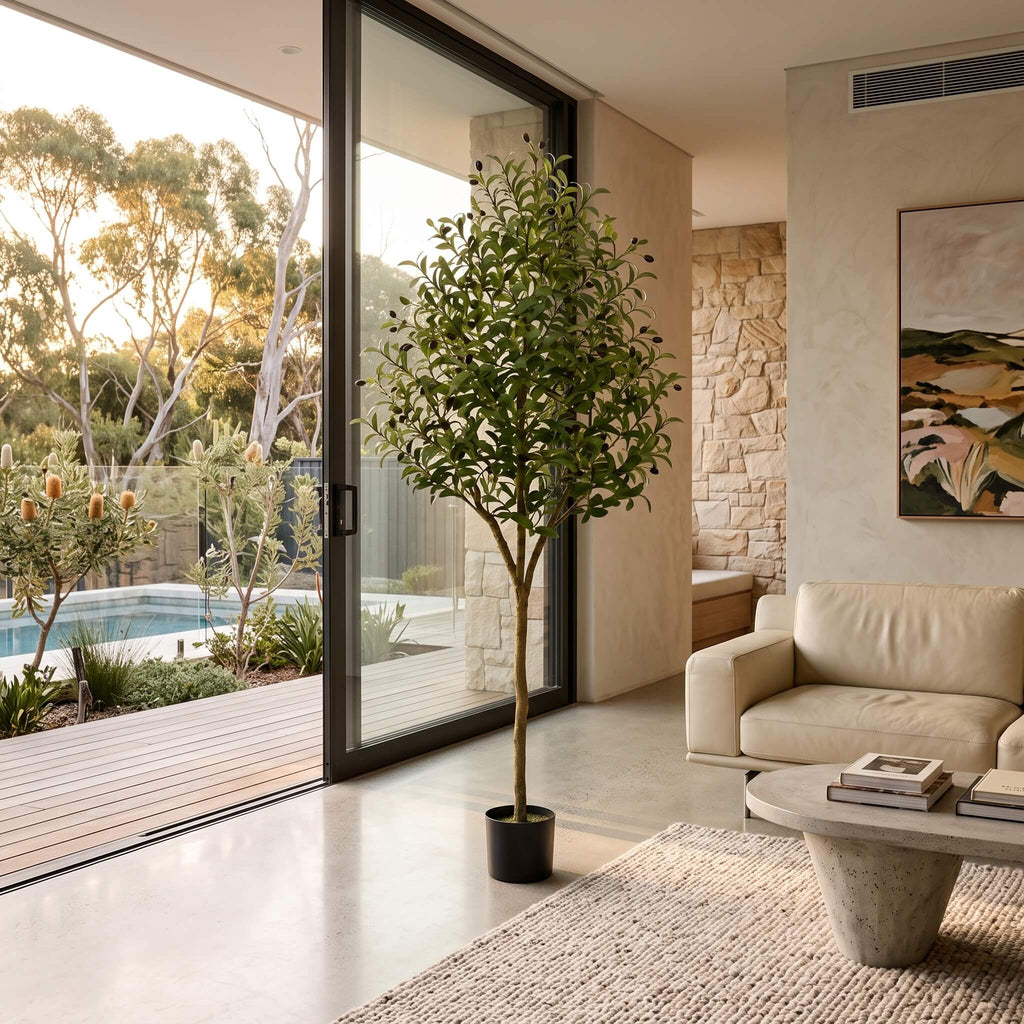 Faux olive tree foliage in bright natural light
