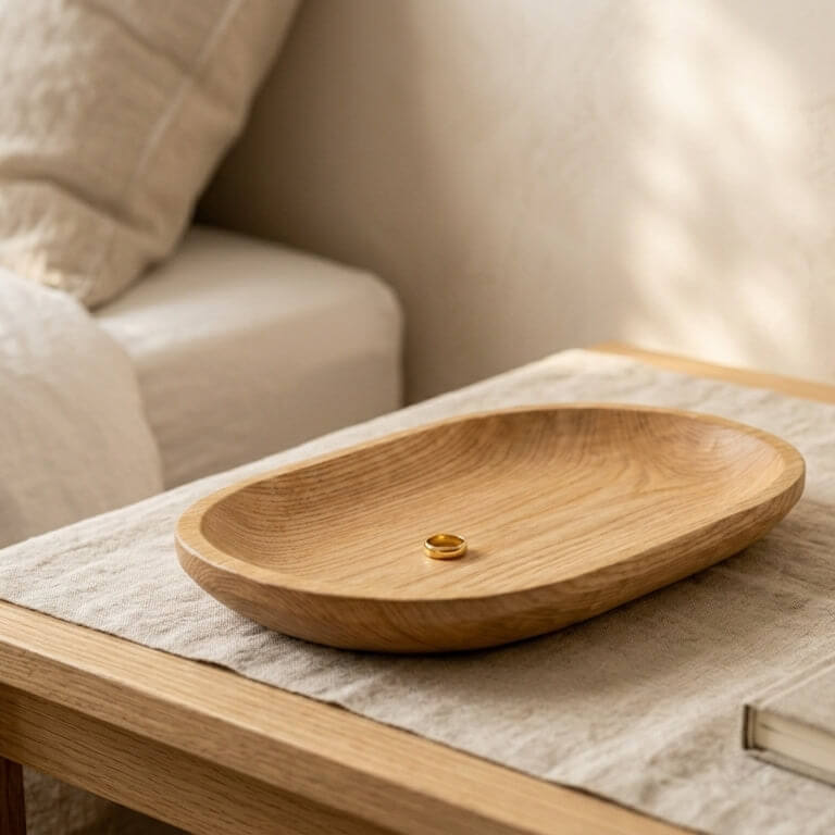 Wooden bowl on a table with a neutral background