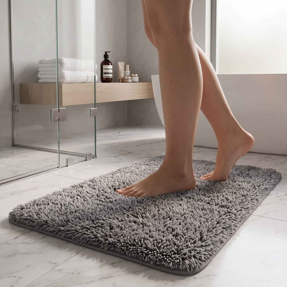 Bare feet stepping onto a plush non slip bath rug