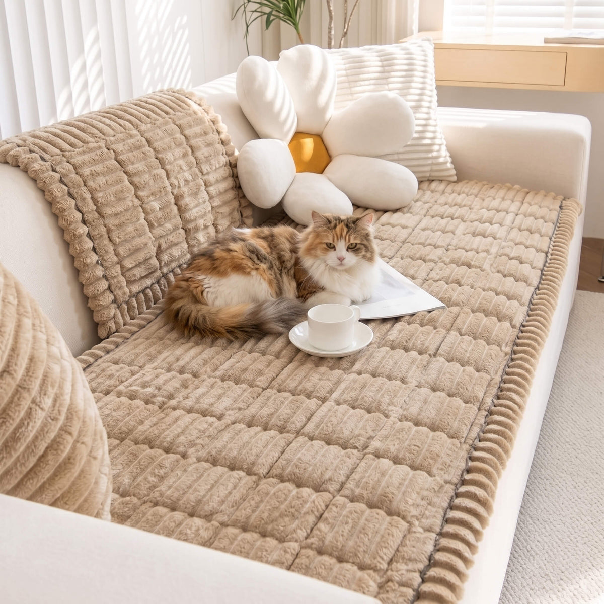 Beige sofa cover with a cat resting on the seat