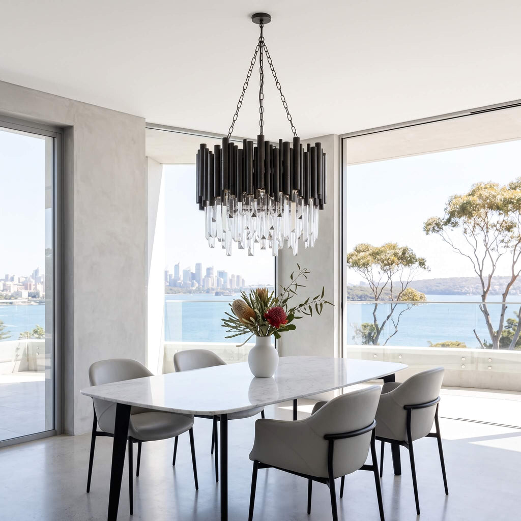 Textured matte black tube frame of the Obsidian crystal chandelier