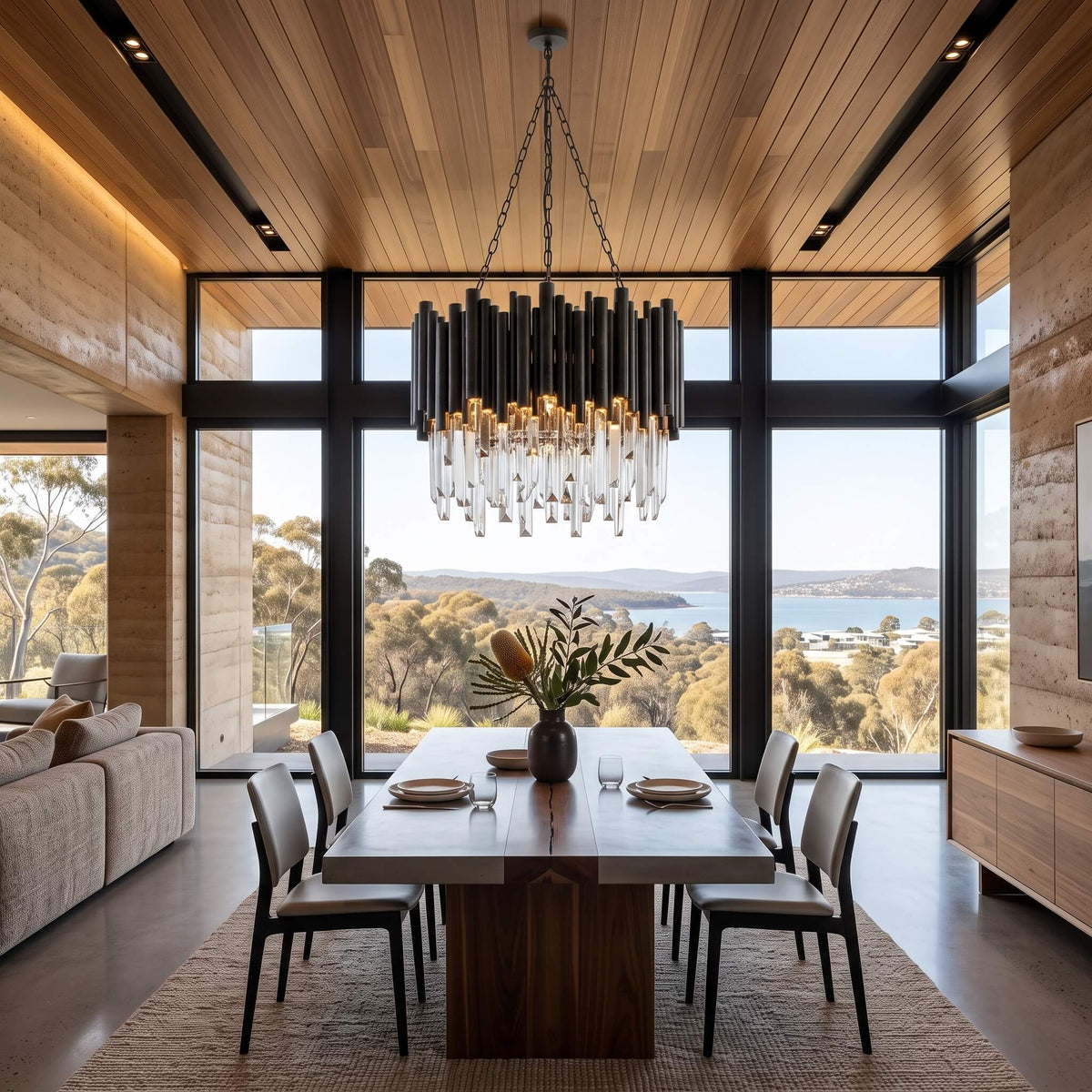 Matte black steel and clear crystal detail on the chandelier
