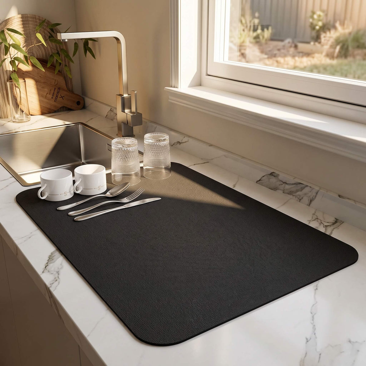 Black quick dry dish drying mat on a kitchen bench