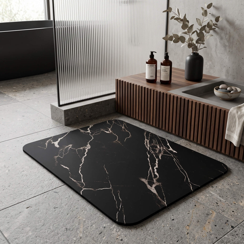 Black marble look quick dry bath mat