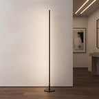 A slim black floor lamp with a circular base stands on a dark wood floor against a white wall in a modern interior hallway.