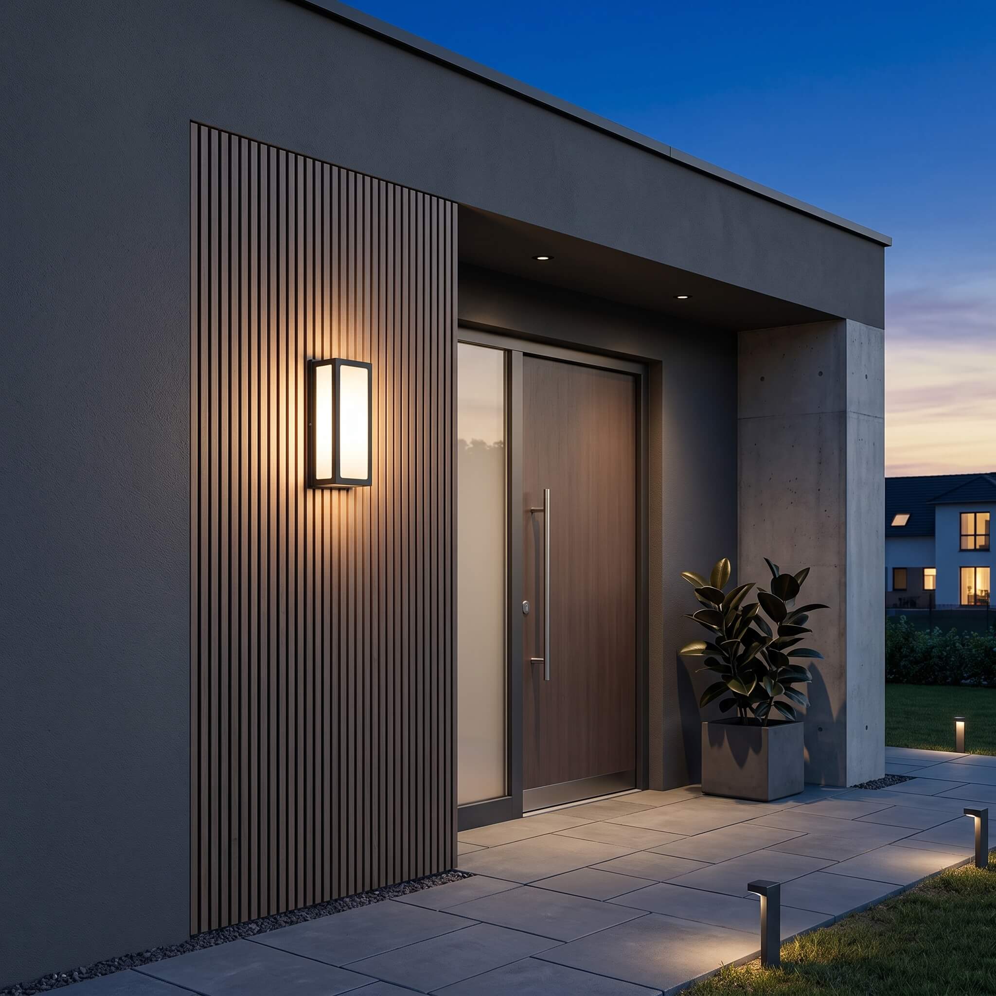 Sentry motion sensor wall light on a timber slat wall beside a modern front door at dusk