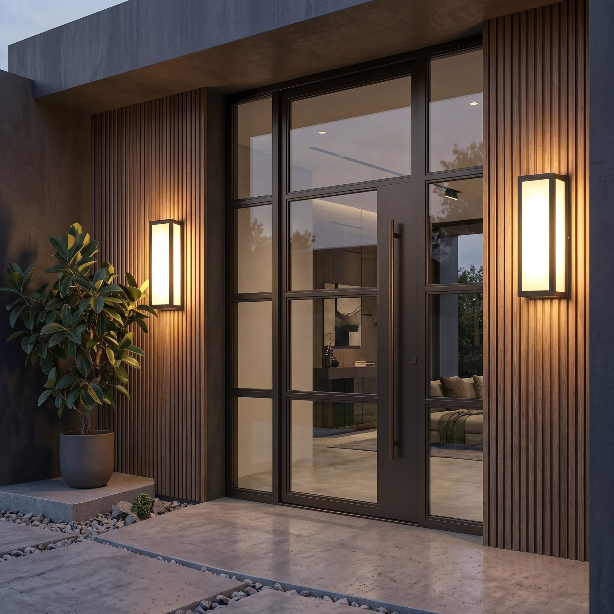 Sentry wall light lighting a modern entryway after dark