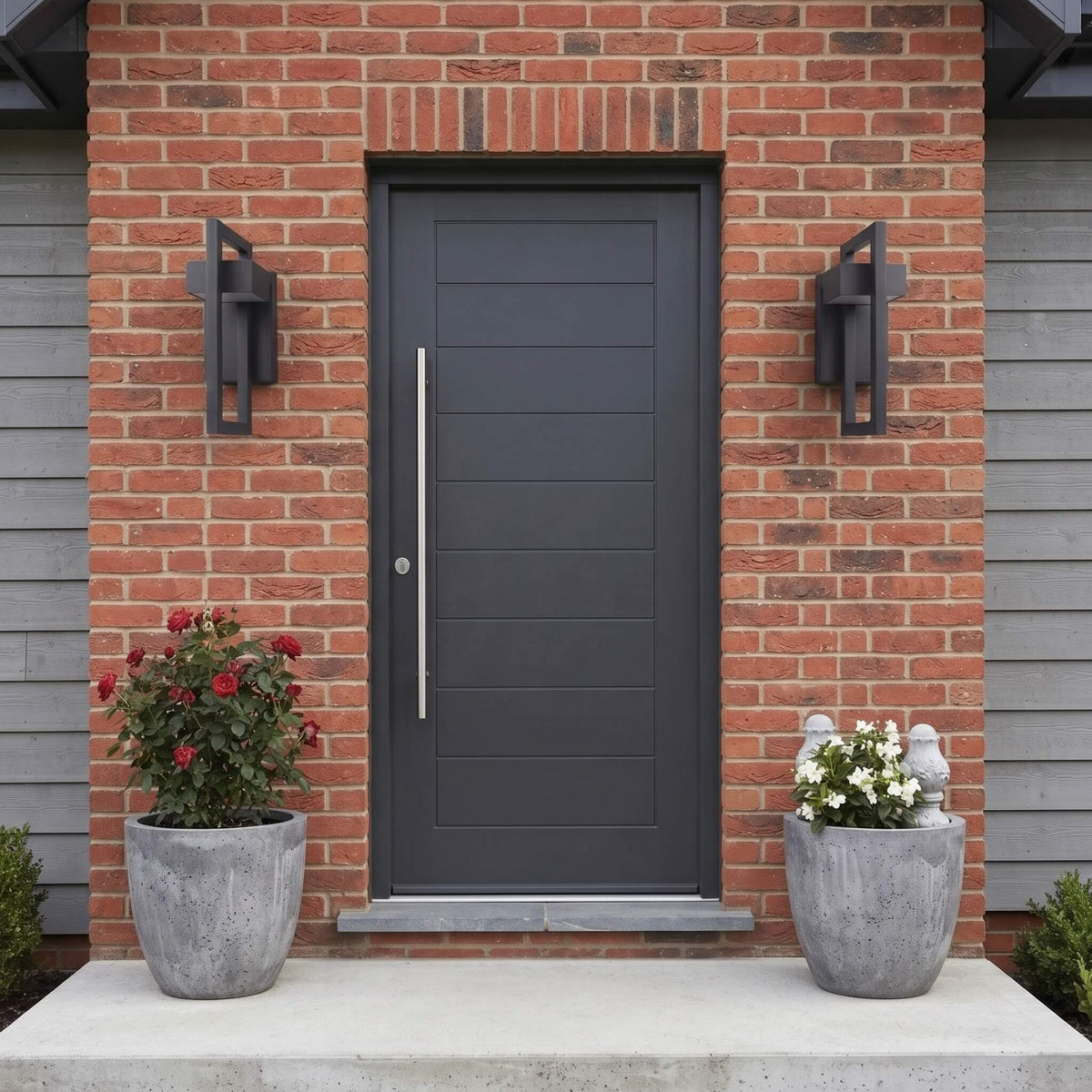 Modern Hollow Outdoor Wall Light beside an entryway at dusk