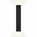 A modern black rectangular wall sconce with dual directional light beams, shown against a solid white background.