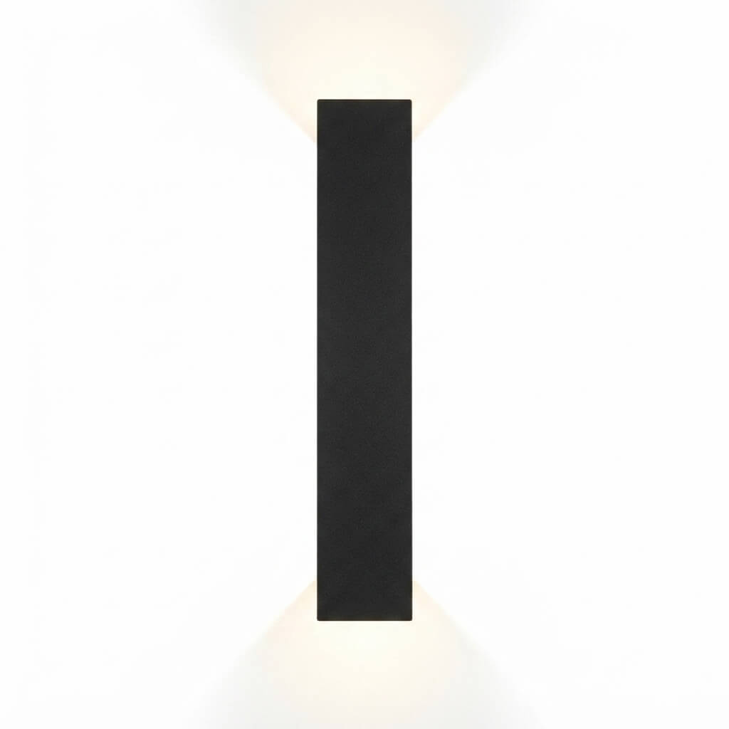 A modern black rectangular wall sconce with dual directional light beams, shown against a solid white background.