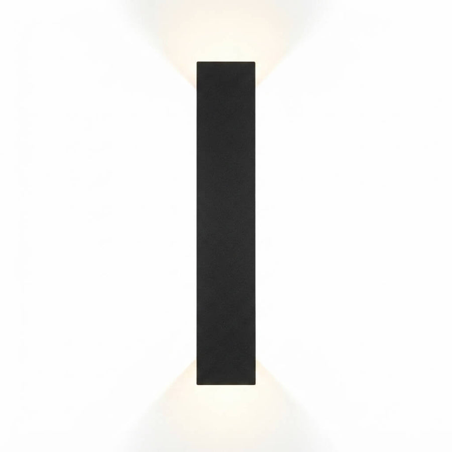 A modern black rectangular wall sconce with dual directional light beams, shown against a solid white background.