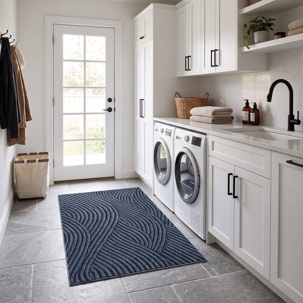 Blue ribbed non slip door mat in a laundry