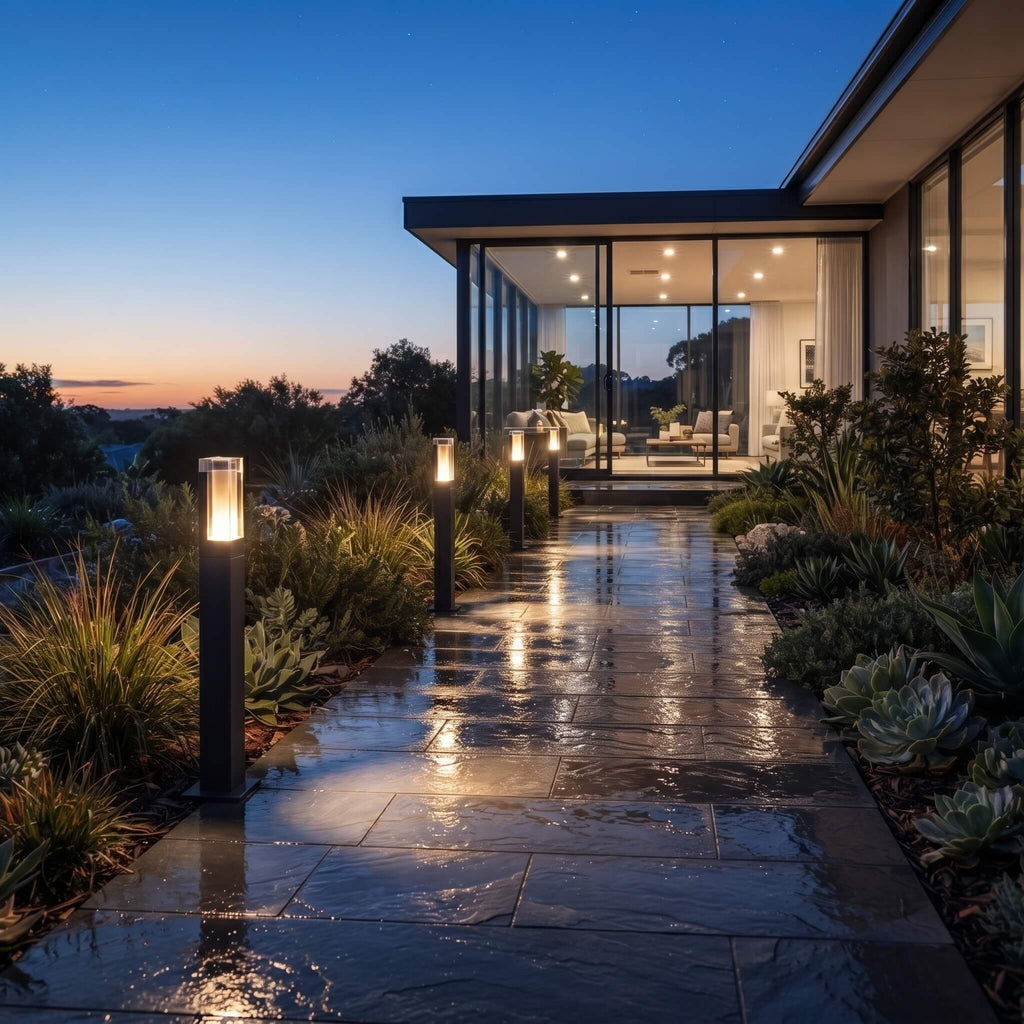 Beacon bollard lights along a walkway beside native planting