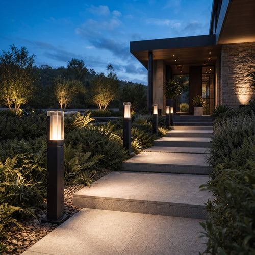 Beacon bollard pathway lights illuminating a garden path at dusk