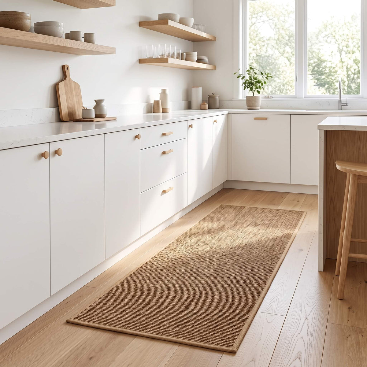 Brown faux sisal kitchen mat on a timber floor in a white kitchen