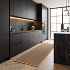 Brown faux sisal runner in a dark modern kitchen