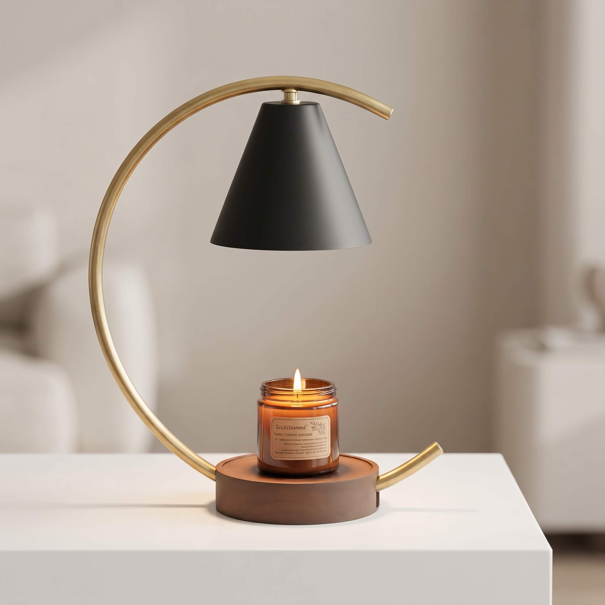 A modern floating candle table lamp with a matte black conical shade, a curved gold metal frame, and a brown wooden base holding a lit amber glass jar candle, displayed on a white table in a softly blurred interior setting.