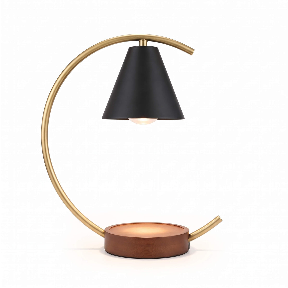 A modern table lamp with a matte black conical shade, a curved brass metal frame, and a round copper-colored base, shown against a plain white background.