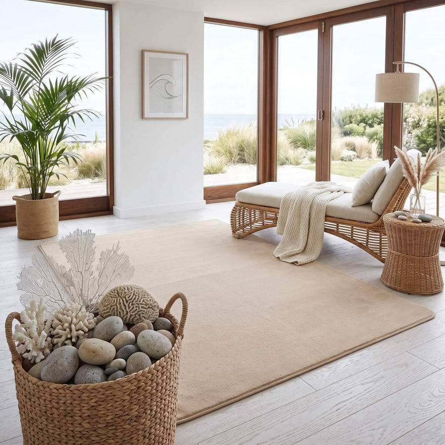 Coral fleece rug in a coastal sunroom