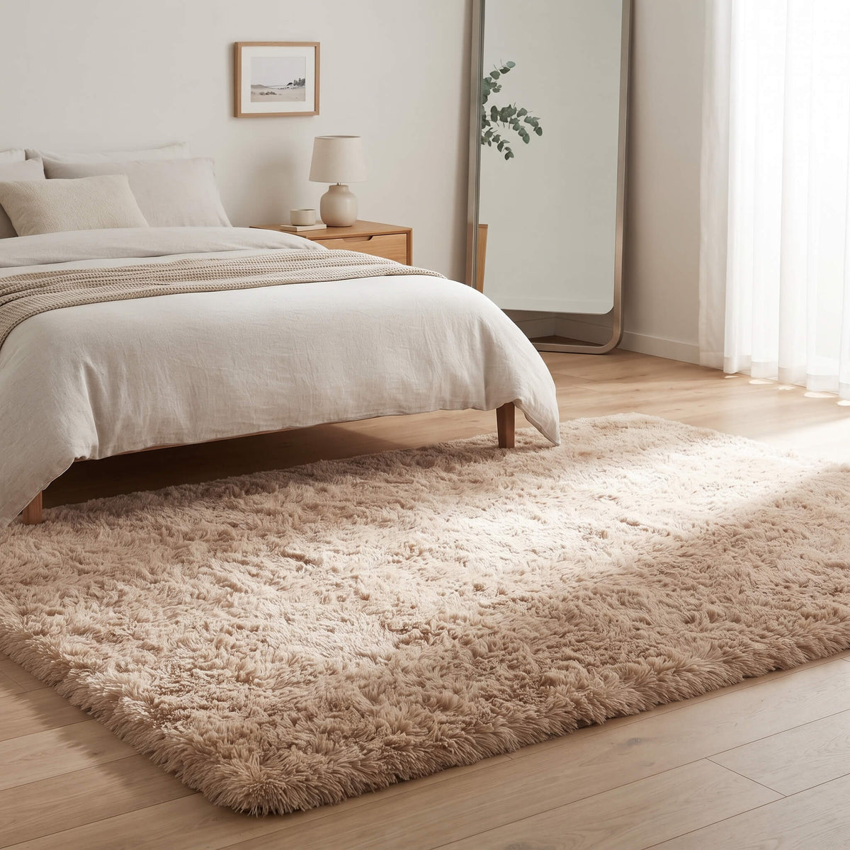 Plush shaggy area carpet in a guest bedroom